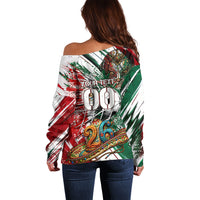Personalized Mexico Football Ganadores Off Shoulder Sweater Aztec Jaguar Cultural Heritage Soccer Art