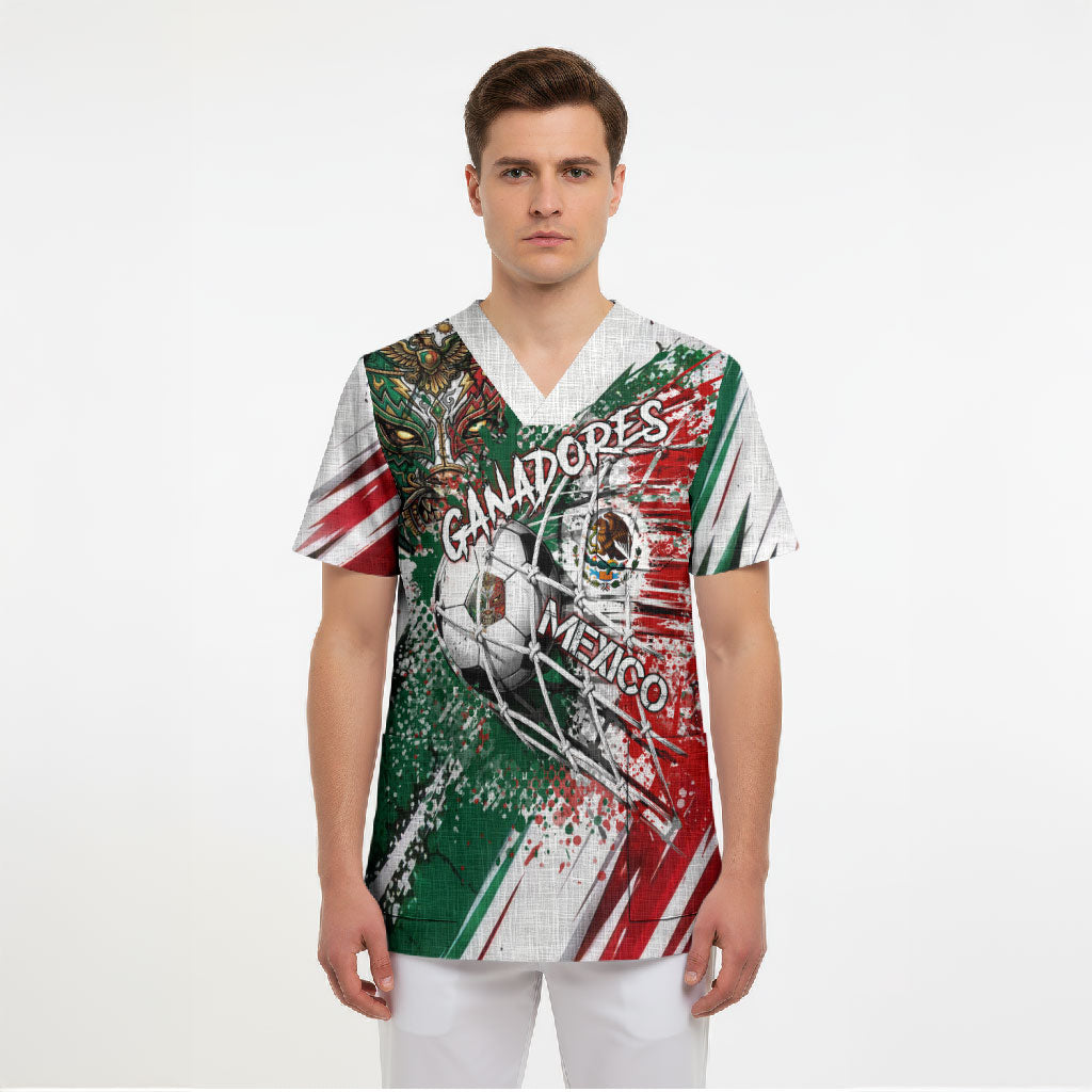 Personalized Mexico Football Ganadores Scrub Top Aztec Jaguar Cultural Heritage Soccer Art