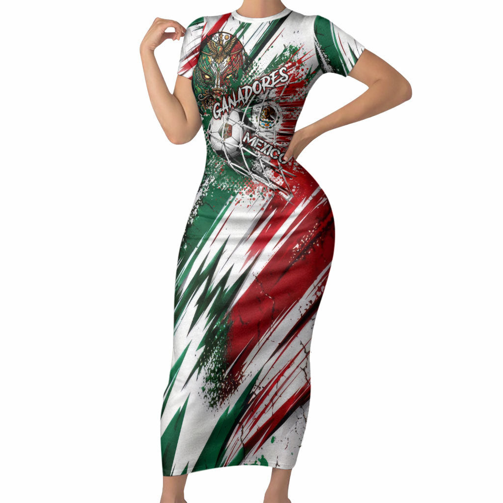 Personalized Mexico Football Ganadores Short Sleeve Bodycon Dress Aztec Jaguar Cultural Heritage Soccer Art