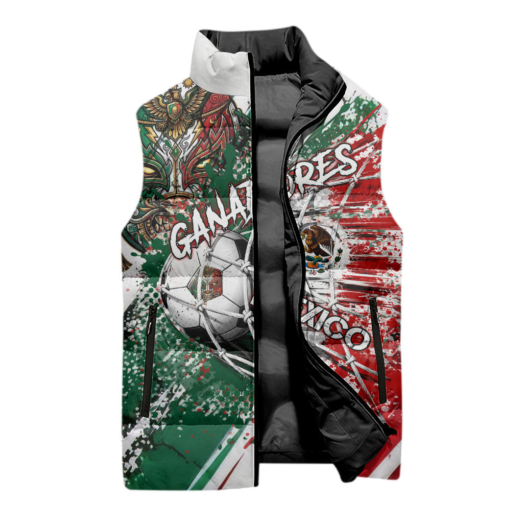Personalized Mexico Football Ganadores Sleeveless Puffer Jacket Aztec Jaguar Cultural Heritage Soccer Art