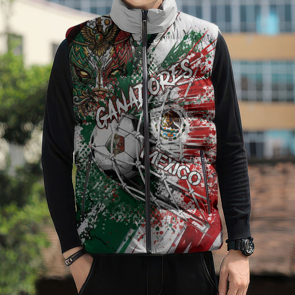 Personalized Mexico Football Ganadores Sleeveless Puffer Jacket Aztec Jaguar Cultural Heritage Soccer Art