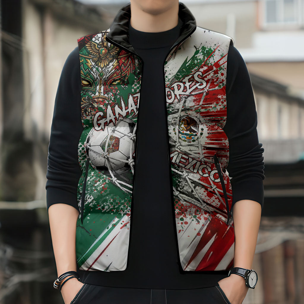 Personalized Mexico Football Ganadores Sleeveless Puffer Jacket Aztec Jaguar Cultural Heritage Soccer Art