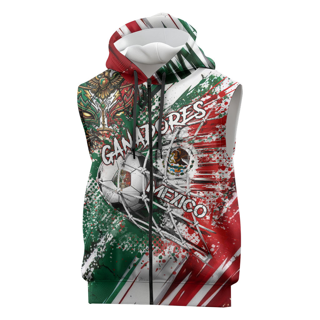 Personalized Mexico Football Ganadores Sleeveless Zip Hoodie Aztec Jaguar Cultural Heritage Soccer Art