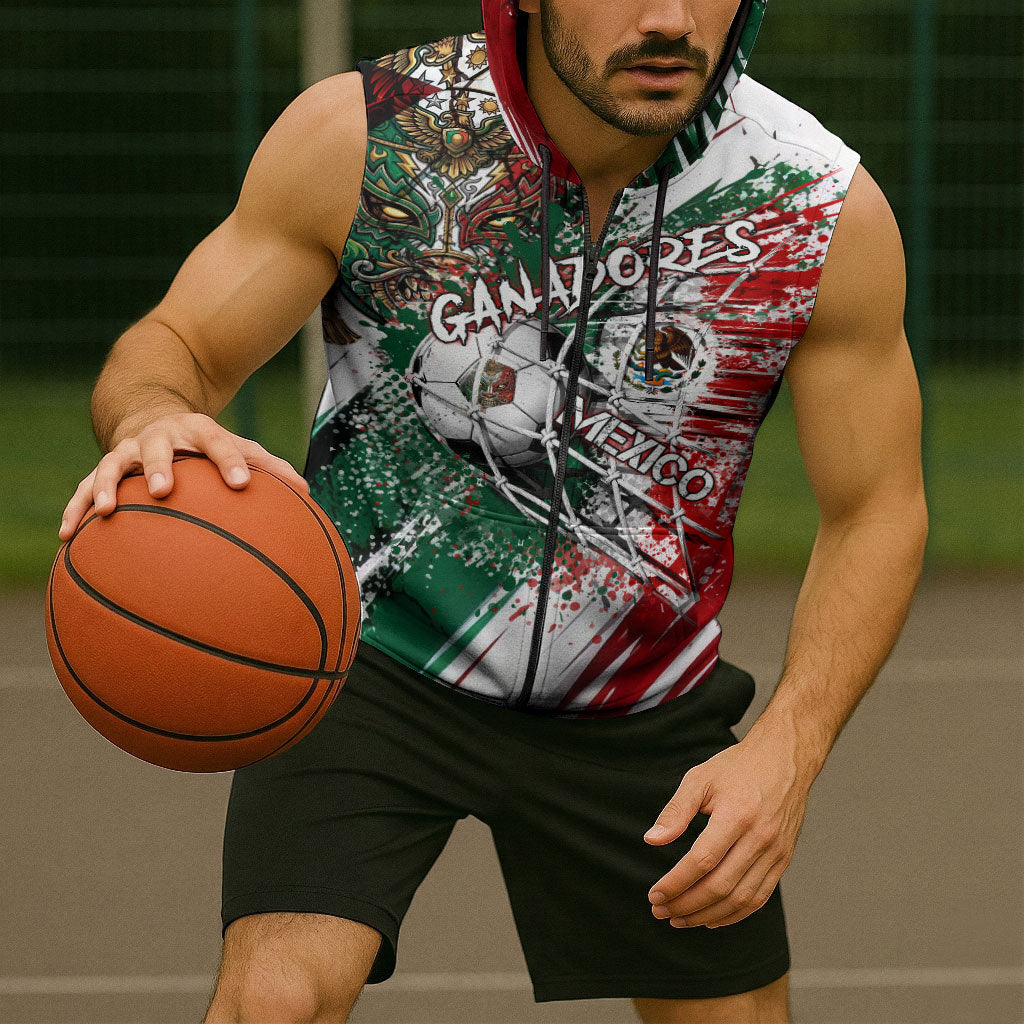 Personalized Mexico Football Ganadores Sleeveless Zip Hoodie Aztec Jaguar Cultural Heritage Soccer Art