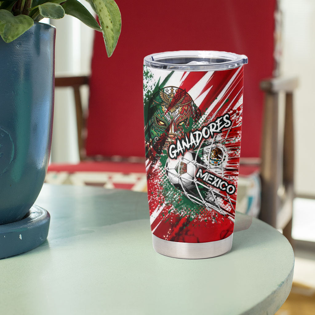 Personalized Mexico Football Ganadores Tumbler Cup Aztec Jaguar Cultural Heritage Soccer Art
