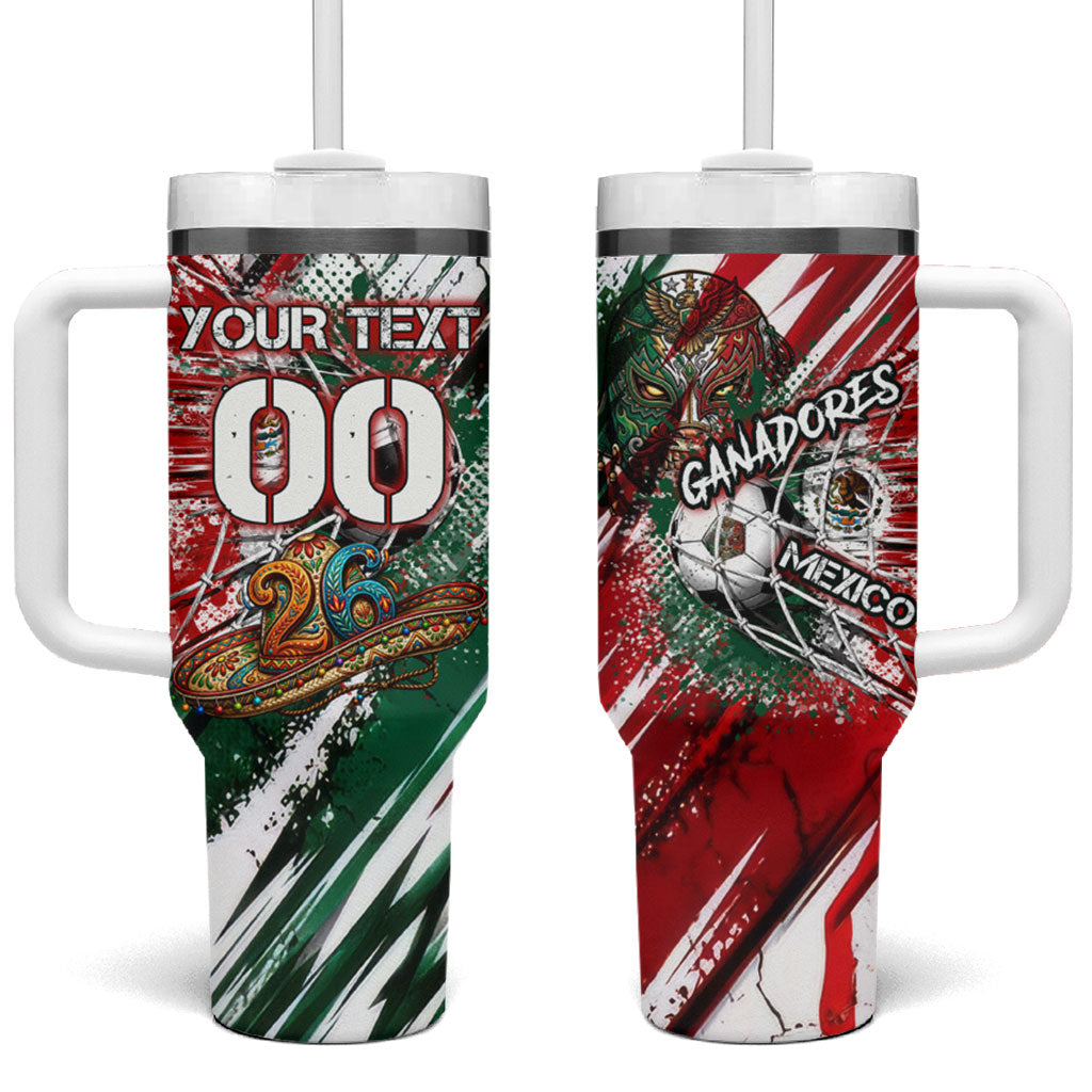 Personalized Mexico Football Ganadores Tumbler With Handle Aztec Jaguar Cultural Heritage Soccer Art