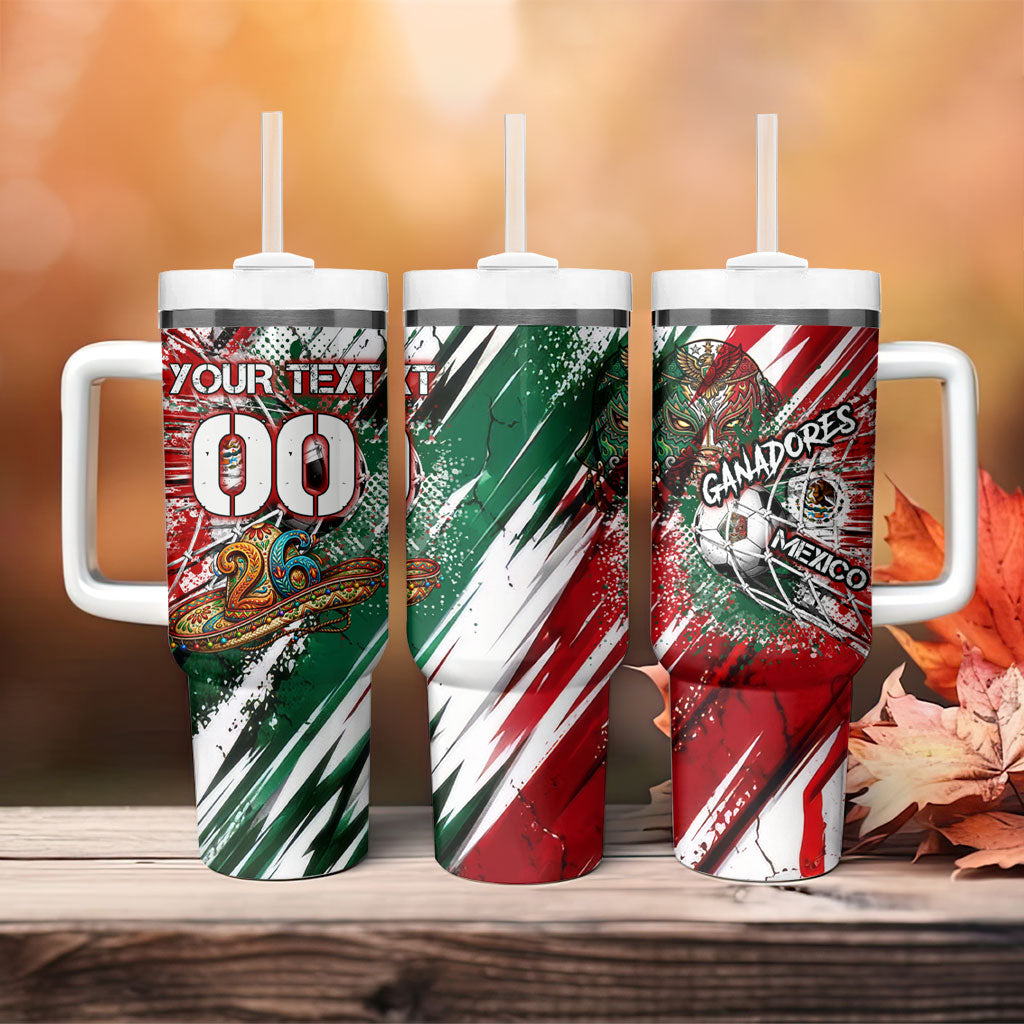 Personalized Mexico Football Ganadores Tumbler With Handle Aztec Jaguar Cultural Heritage Soccer Art