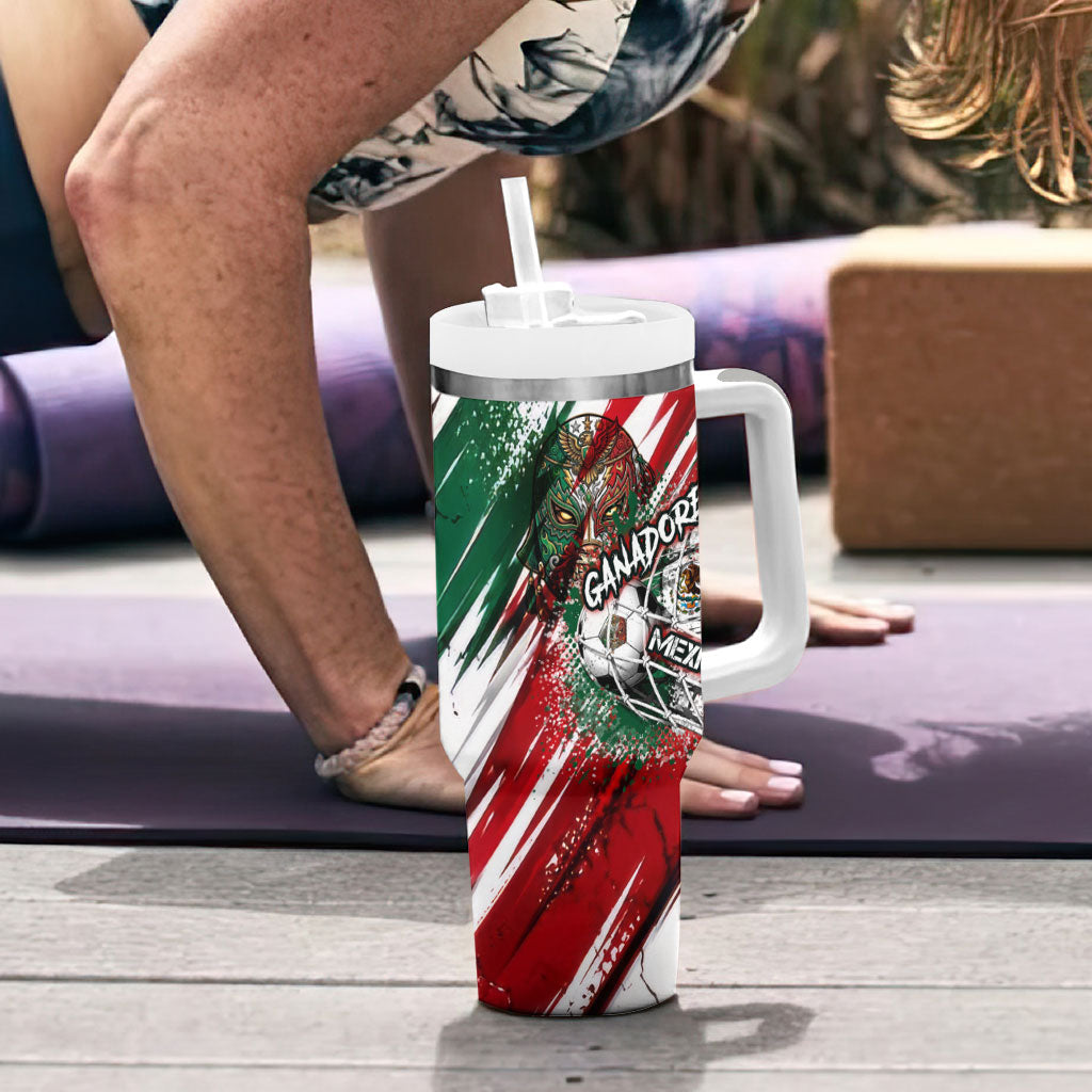 Personalized Mexico Football Ganadores Tumbler With Handle Aztec Jaguar Cultural Heritage Soccer Art