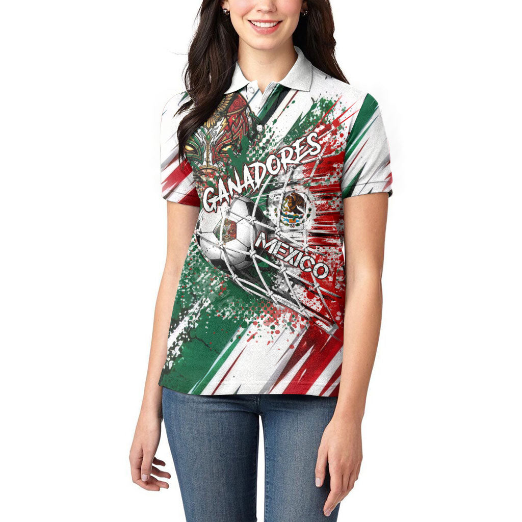 Personalized Mexico Football Ganadores Women Polo Shirt Aztec Jaguar Cultural Heritage Soccer Art