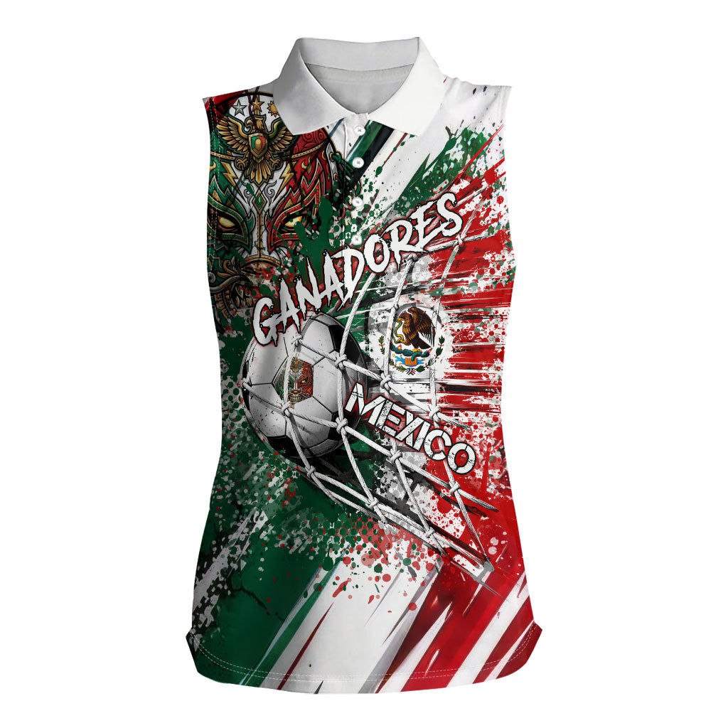 Personalized Mexico Football Ganadores Women Sleeveless Polo Shirt Aztec Jaguar Cultural Heritage Soccer Art