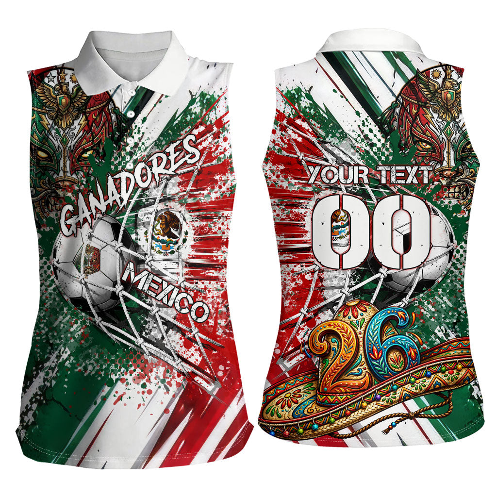 Personalized Mexico Football Ganadores Women Sleeveless Polo Shirt Aztec Jaguar Cultural Heritage Soccer Art