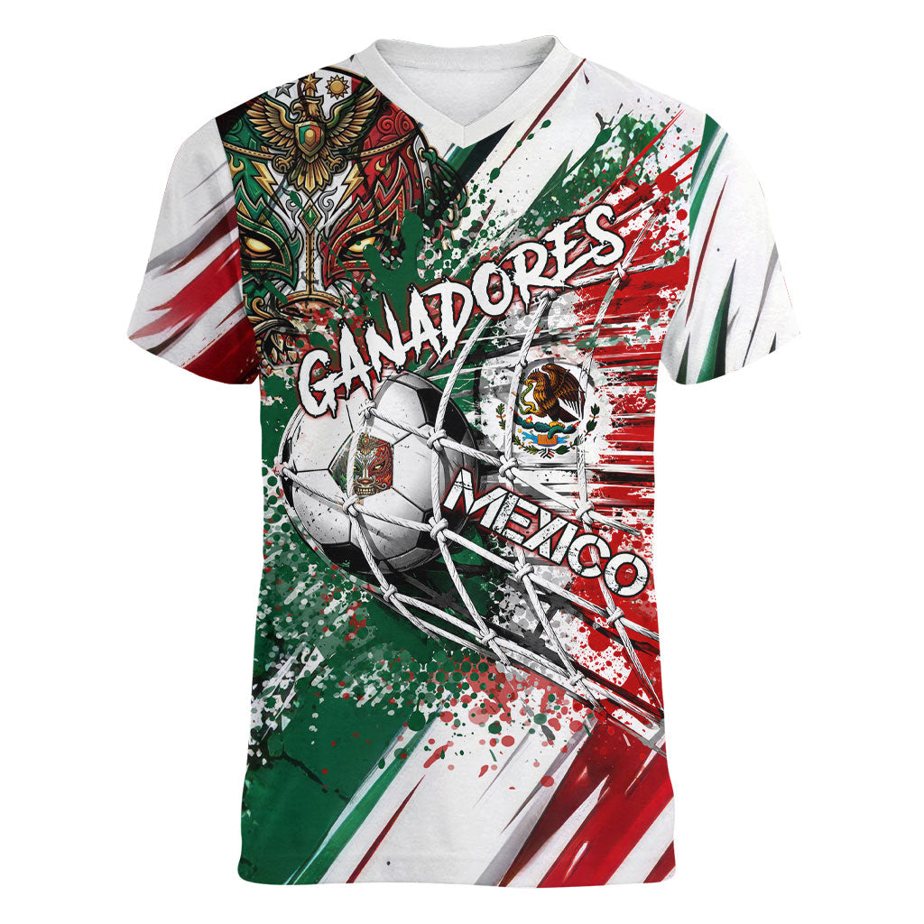 Personalized Mexico Football Ganadores Women V-Neck T-Shirt Aztec Jaguar Cultural Heritage Soccer Art