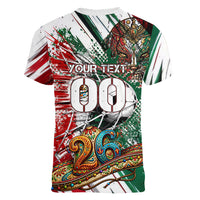 Personalized Mexico Football Ganadores Women V-Neck T-Shirt Aztec Jaguar Cultural Heritage Soccer Art