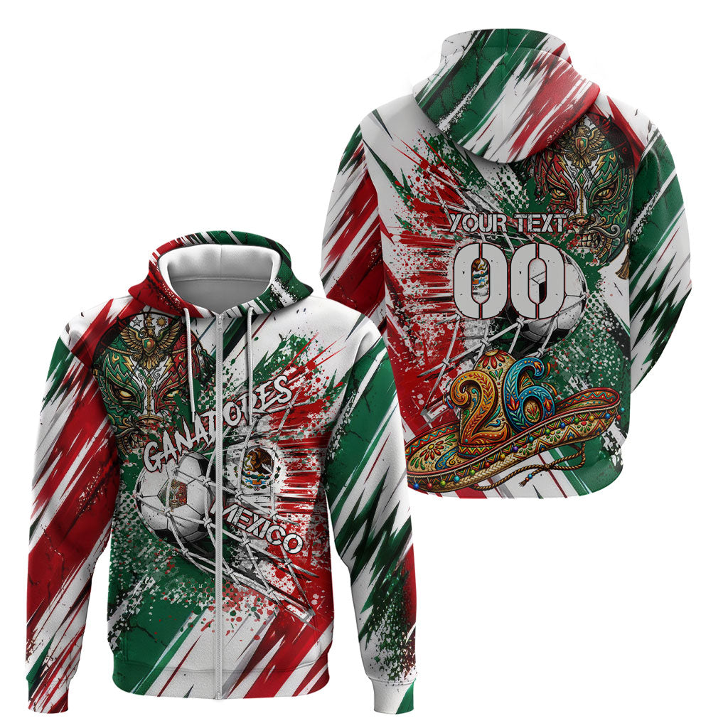 Personalized Mexico Football Ganadores Zip Hoodie Aztec Jaguar Cultural Heritage Soccer Art