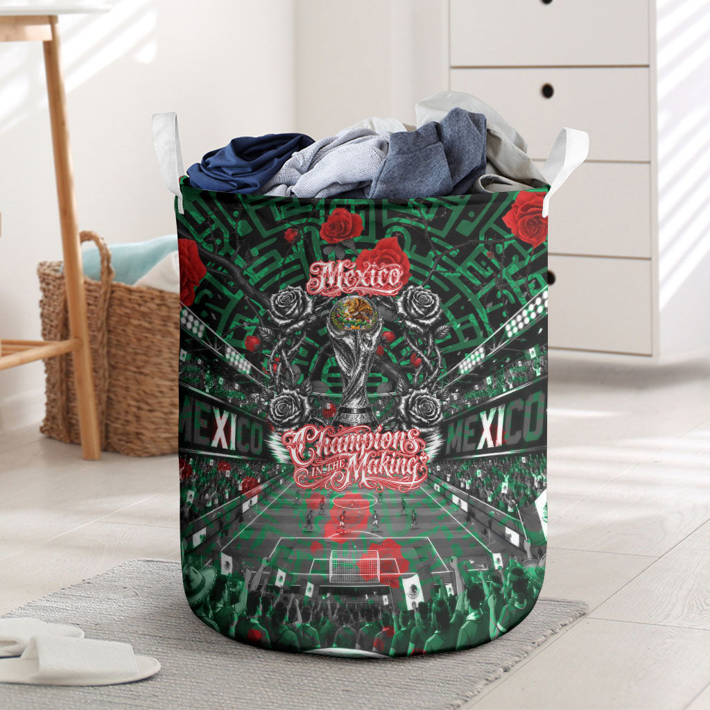 Mexico Football Golden Eagle Champions Laundry Basket Aztec Geometric Pattern Red Rose