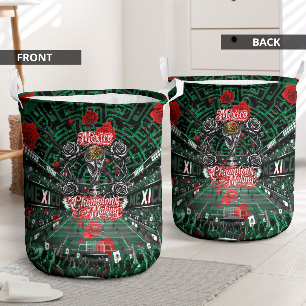 Mexico Football Golden Eagle Champions Laundry Basket Aztec Geometric Pattern Red Rose