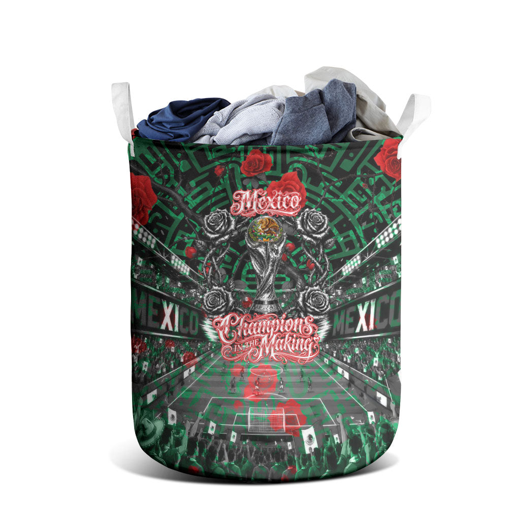 Mexico Football Golden Eagle Champions Laundry Basket Aztec Geometric Pattern Red Rose