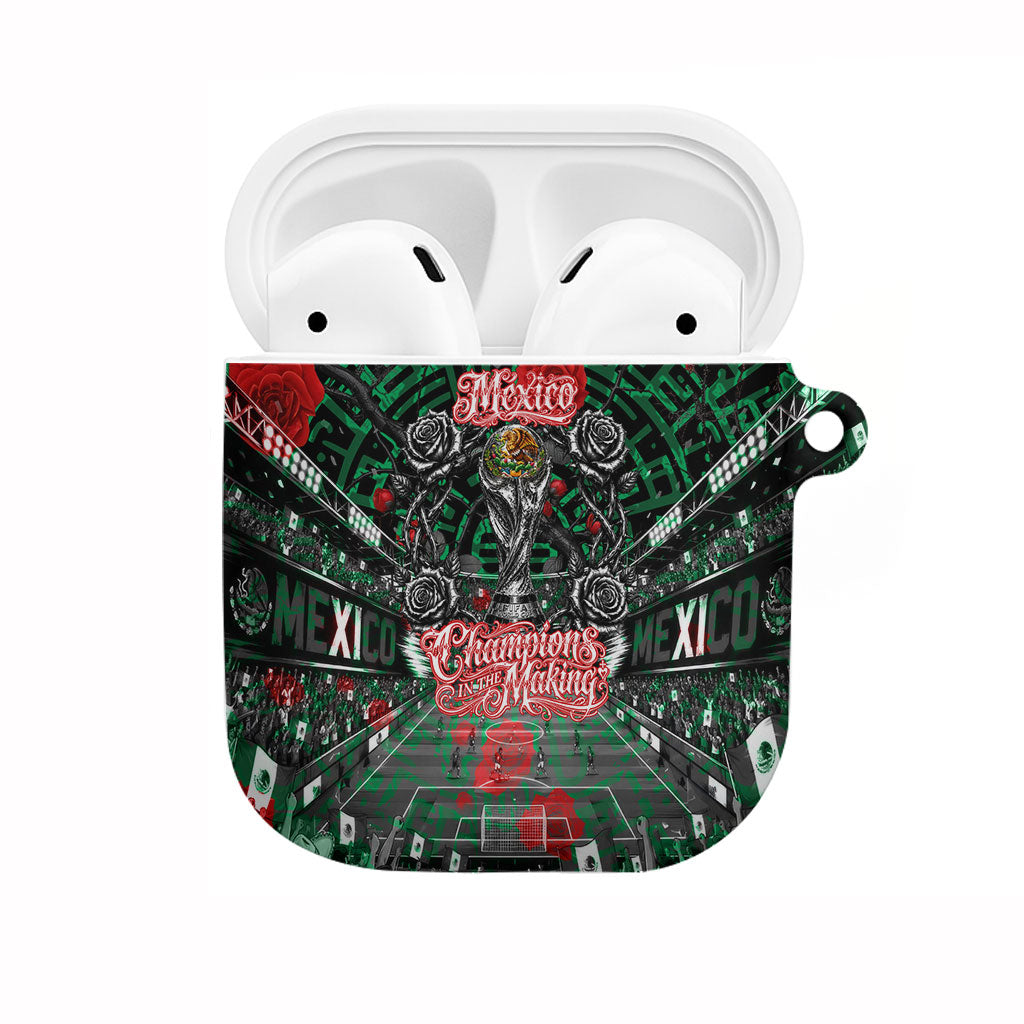 Mexico Football Golden Eagle Champions AirPods Case Aztec Geometric Pattern Red Rose