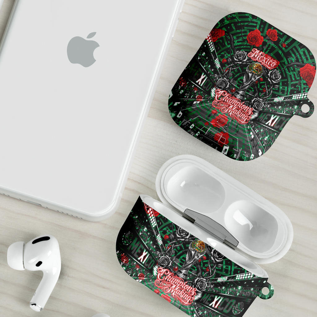 Mexico Football Golden Eagle Champions AirPods Case Aztec Geometric Pattern Red Rose