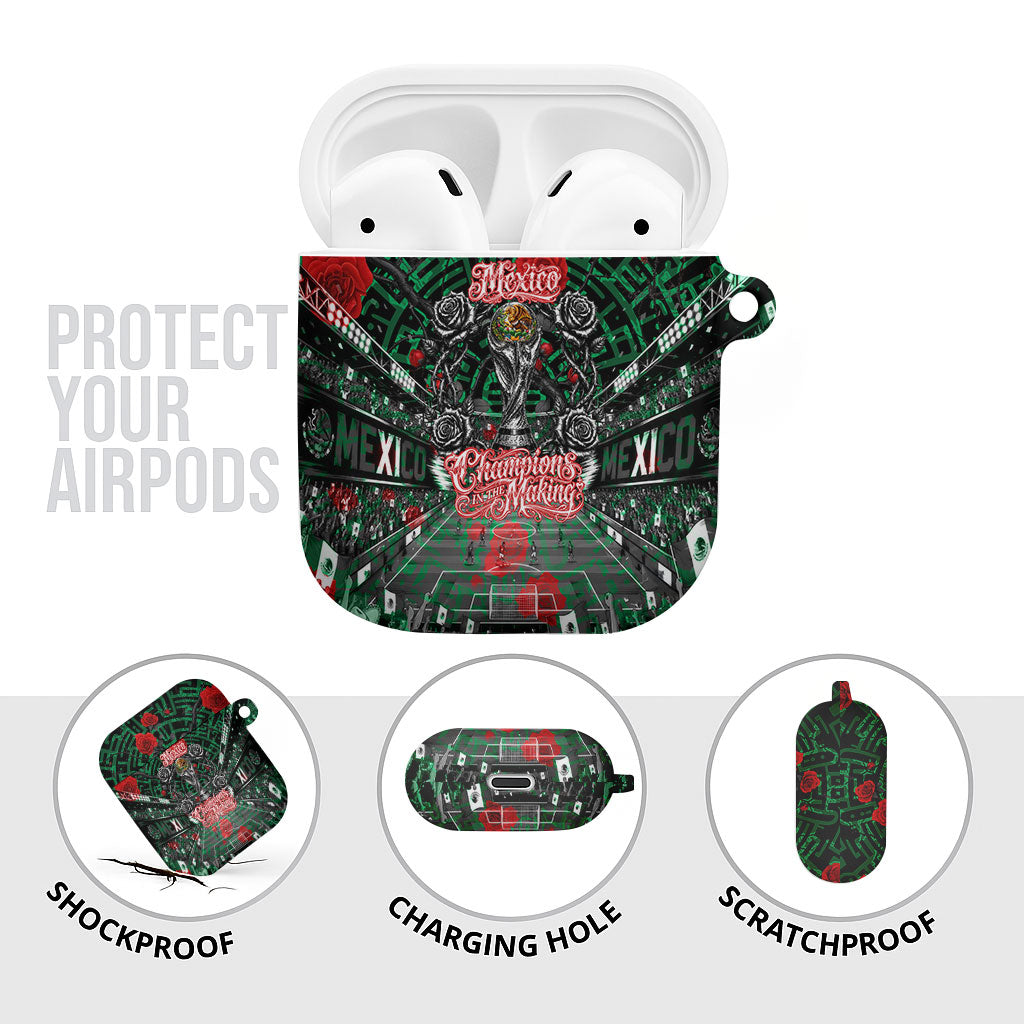 Mexico Football Golden Eagle Champions AirPods Case Aztec Geometric Pattern Red Rose