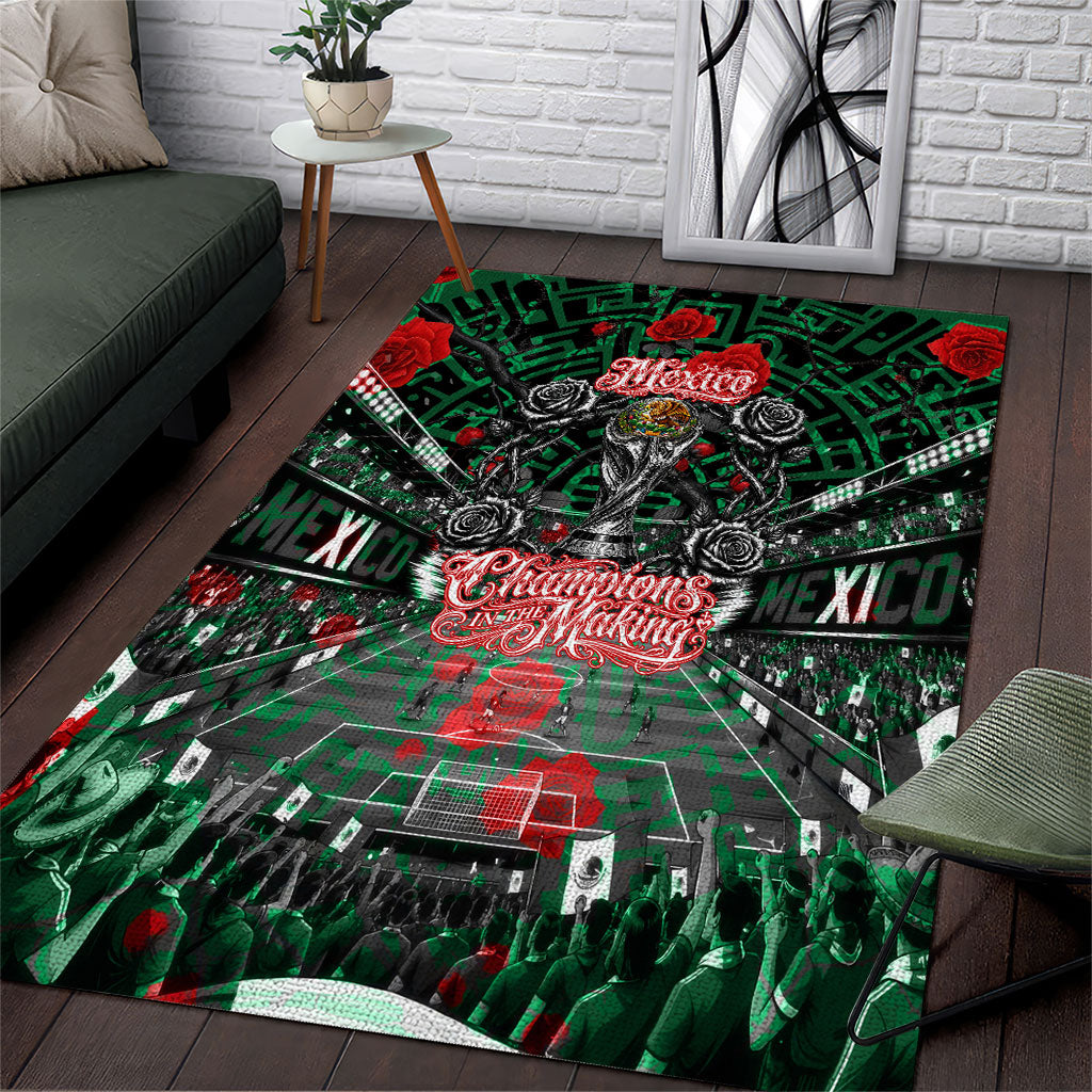 Mexico Football Golden Eagle Champions Area Rug Aztec Geometric Pattern Red Rose