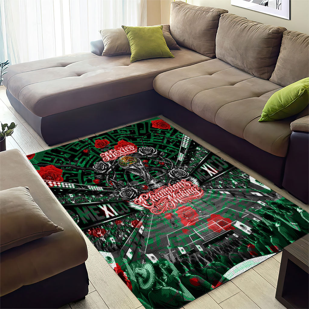 Mexico Football Golden Eagle Champions Area Rug Aztec Geometric Pattern Red Rose