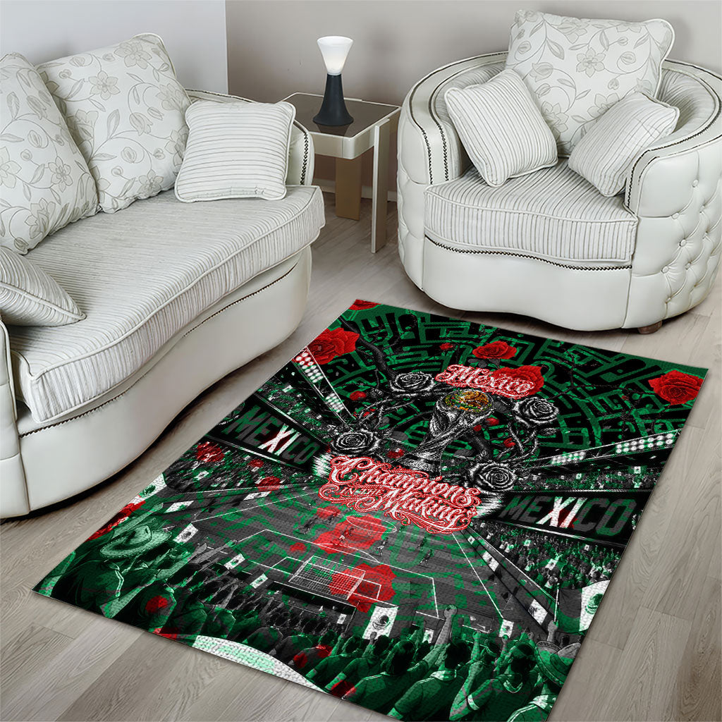 Mexico Football Golden Eagle Champions Area Rug Aztec Geometric Pattern Red Rose