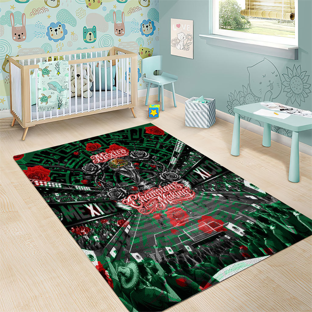 Mexico Football Golden Eagle Champions Area Rug Aztec Geometric Pattern Red Rose