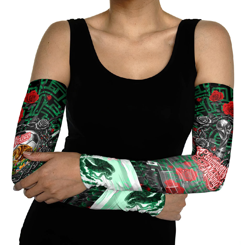 Mexico Football Golden Eagle Champions Arm Sleeves Aztec Geometric Pattern Red Rose