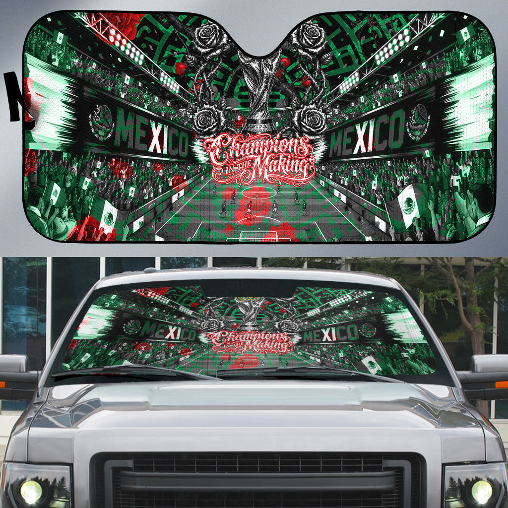 Mexico Football Golden Eagle Champions Auto Sun Shade Aztec Geometric Pattern Red Rose
