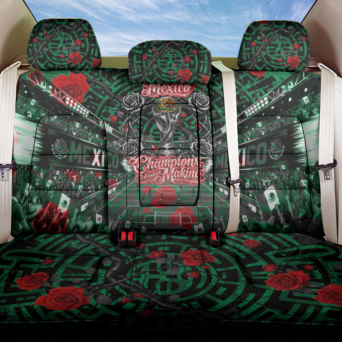 Mexico Football Golden Eagle Champions Back Car Seat Cover Aztec Geometric Pattern Red Rose
