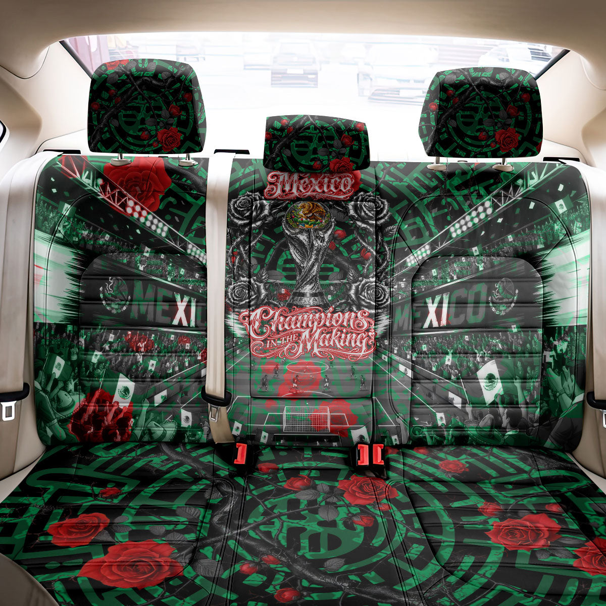 Mexico Football Golden Eagle Champions Back Car Seat Cover Aztec Geometric Pattern Red Rose