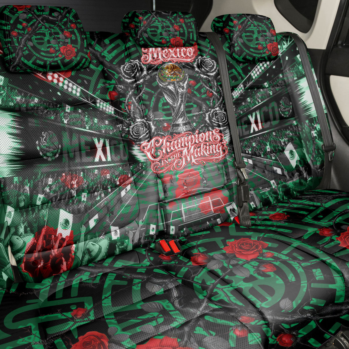 Mexico Football Golden Eagle Champions Back Car Seat Cover Aztec Geometric Pattern Red Rose