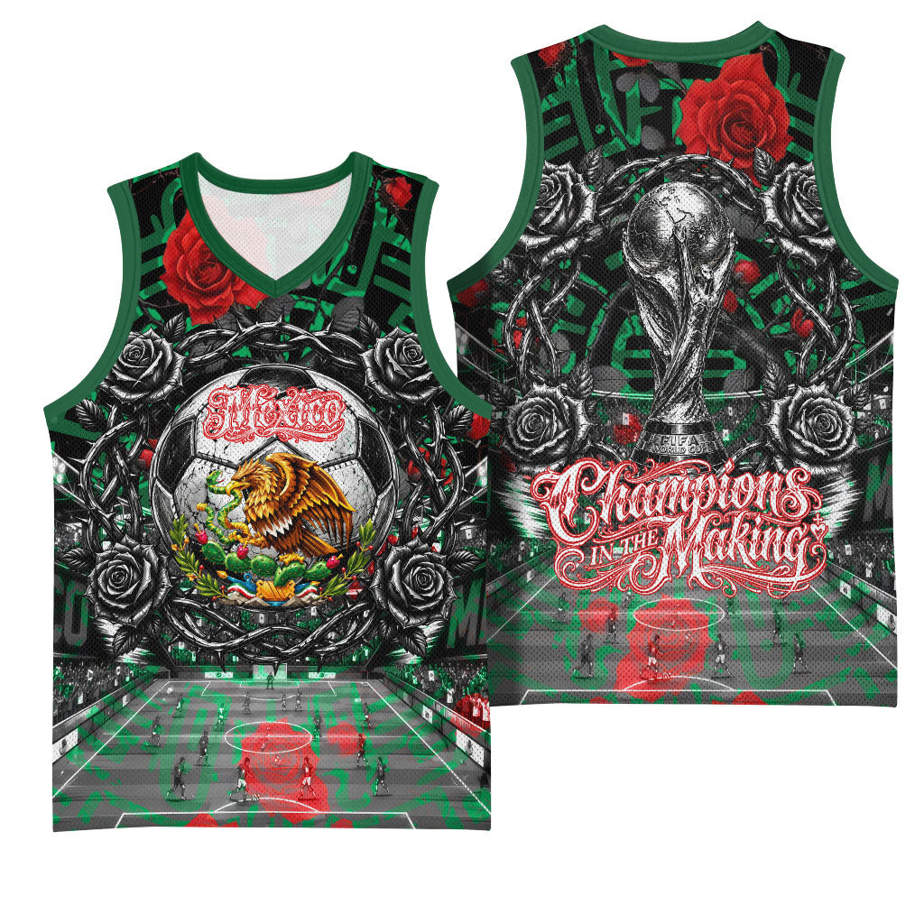 Mexico Football Golden Eagle Champions Basketball Jersey Aztec Geometric Pattern Red Rose