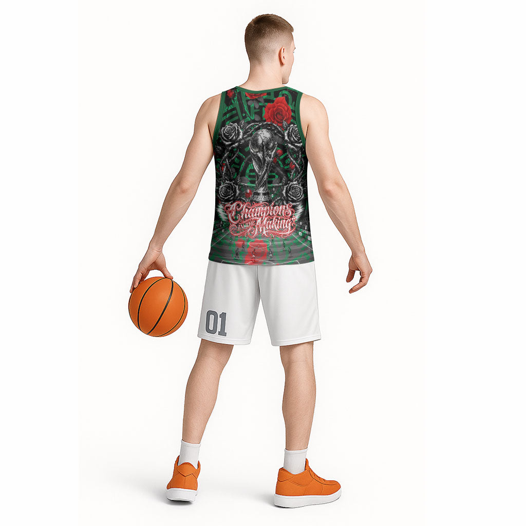 Mexico Football Golden Eagle Champions Basketball Jersey Aztec Geometric Pattern Red Rose