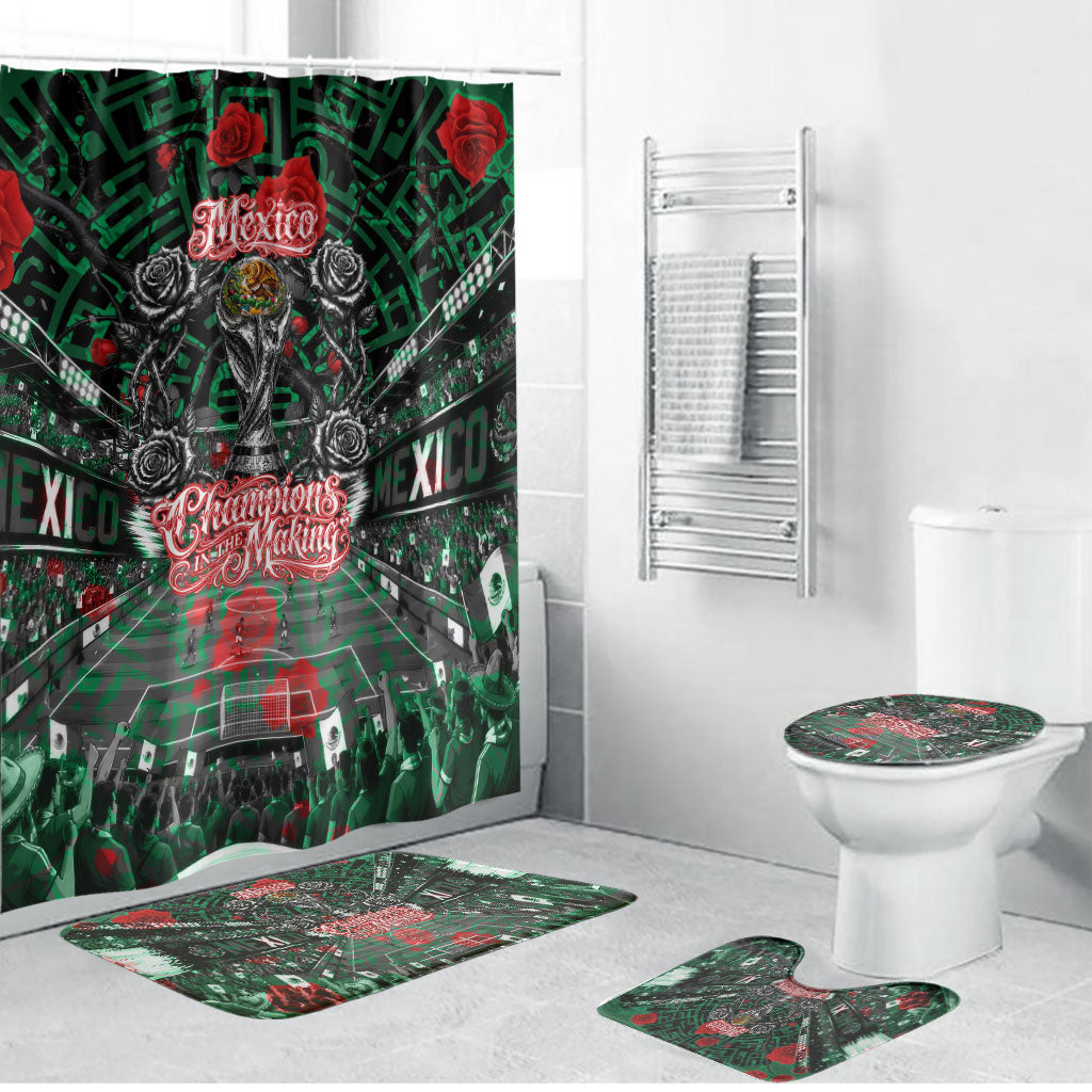 Mexico Football Golden Eagle Champions Bathroom Set Aztec Geometric Pattern Red Rose