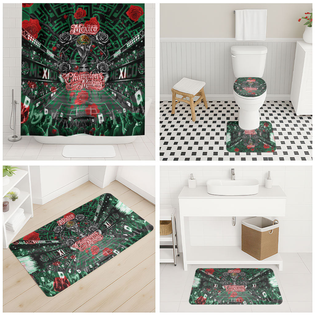 Mexico Football Golden Eagle Champions Bathroom Set Aztec Geometric Pattern Red Rose