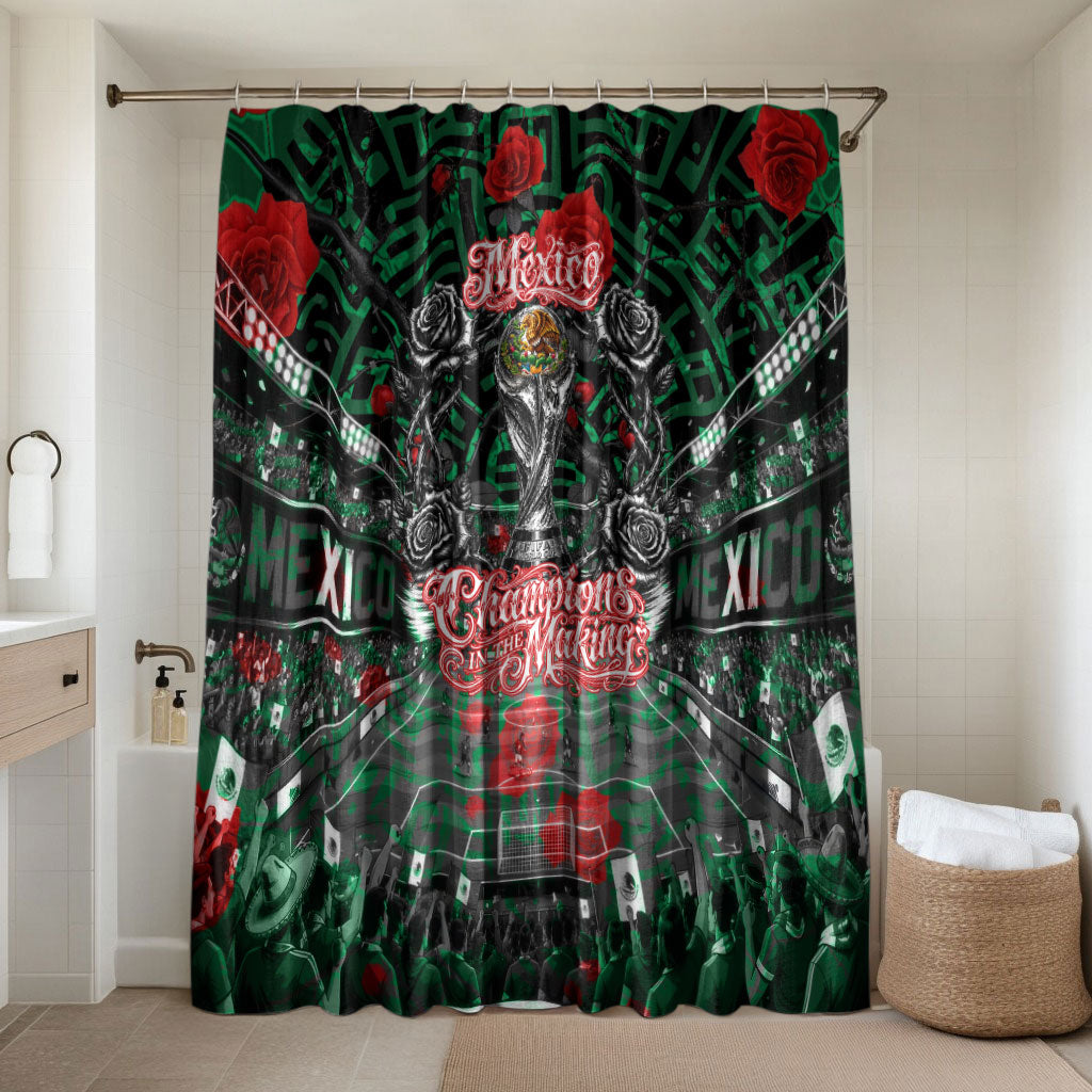 Mexico Football Golden Eagle Champions Bathroom Set Aztec Geometric Pattern Red Rose