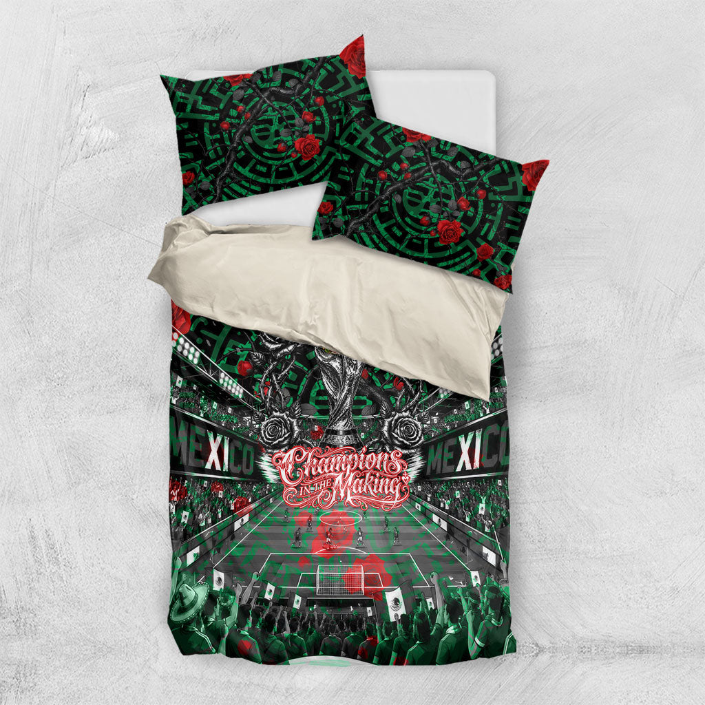 Mexico Football Golden Eagle Champions Bedding Set Aztec Geometric Pattern Red Rose