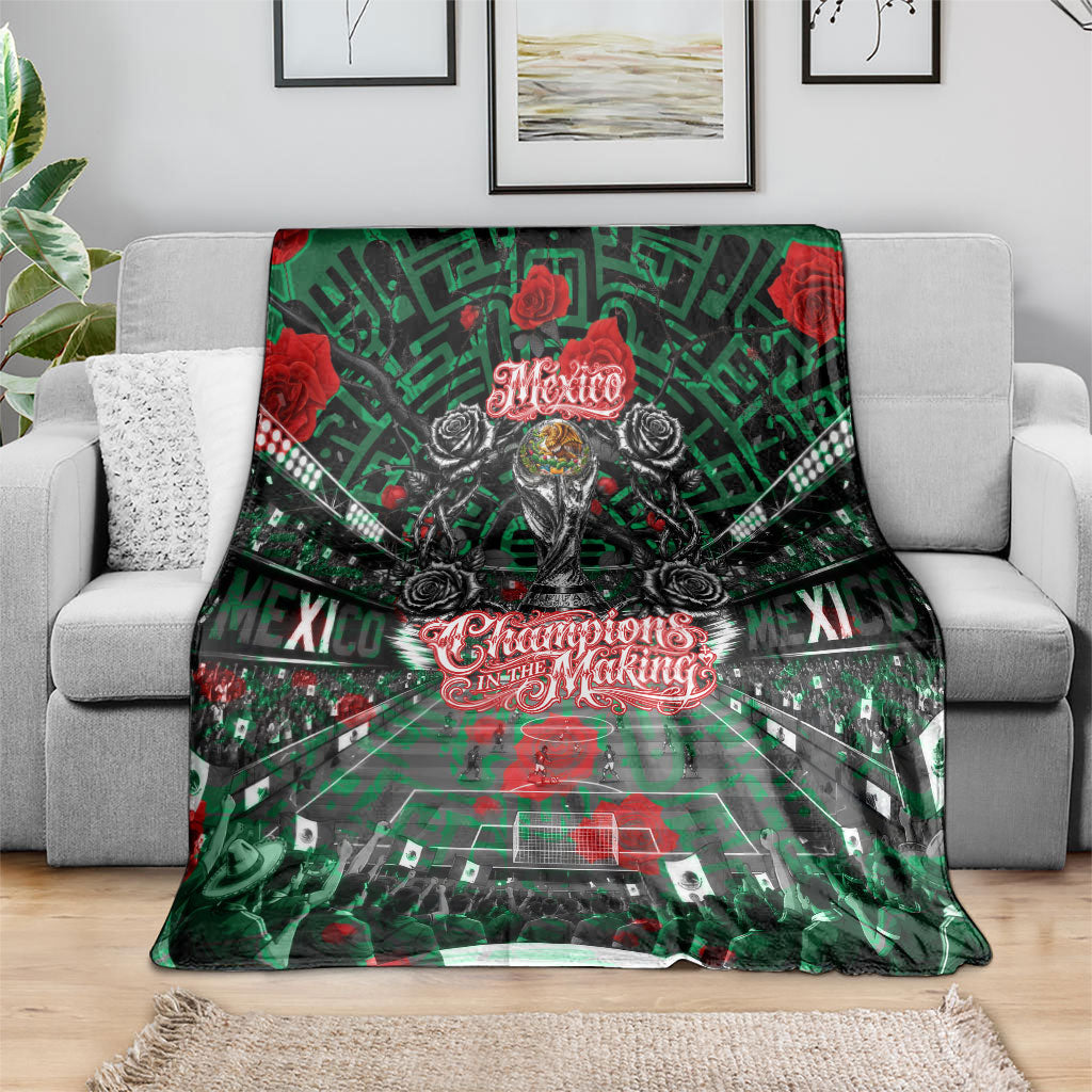 Mexico Football Golden Eagle Champions Blanket Aztec Geometric Pattern Red Rose