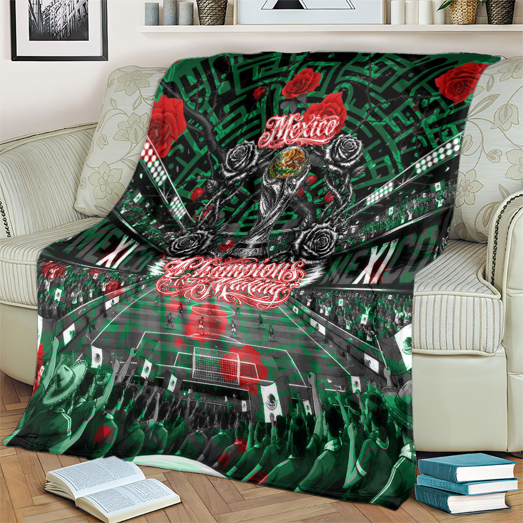 Mexico Football Golden Eagle Champions Blanket Aztec Geometric Pattern Red Rose