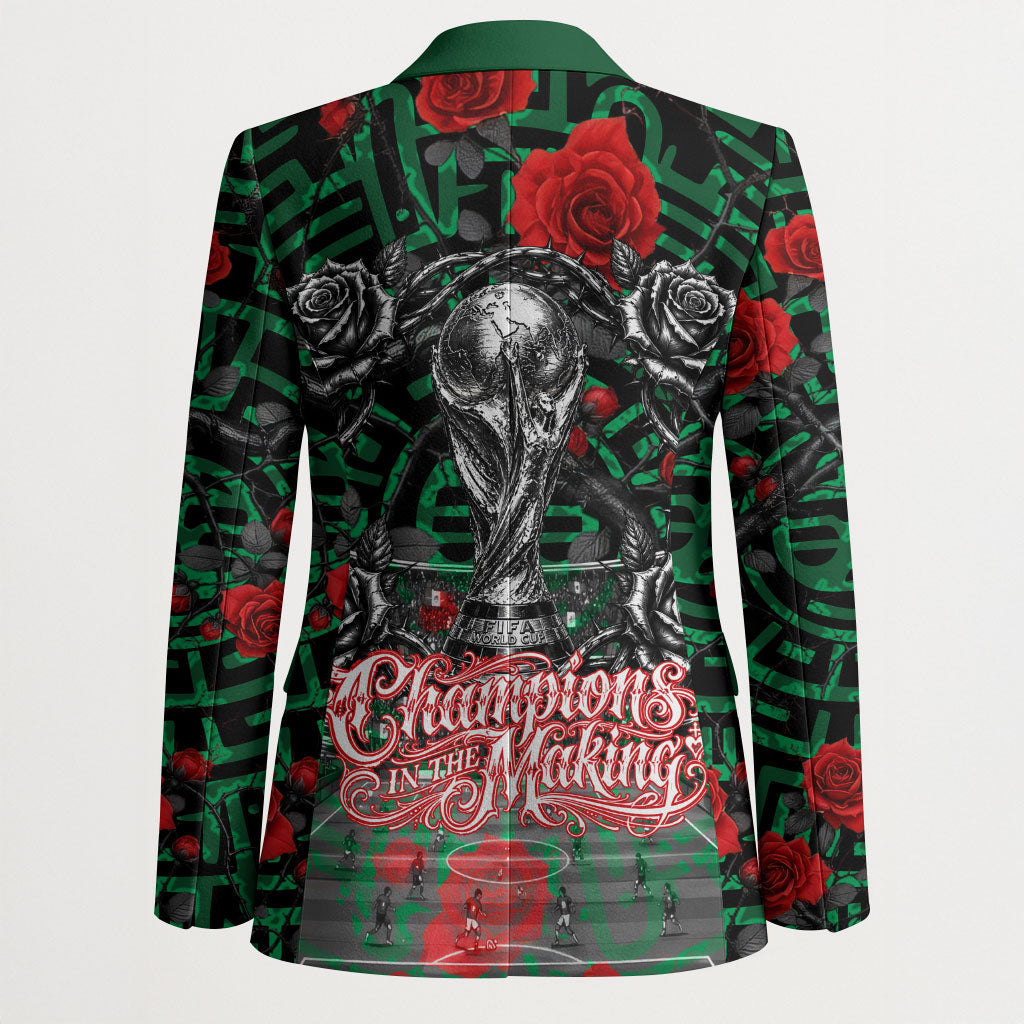 Mexico Football Golden Eagle Champions Blazer Aztec Geometric Pattern Red Rose