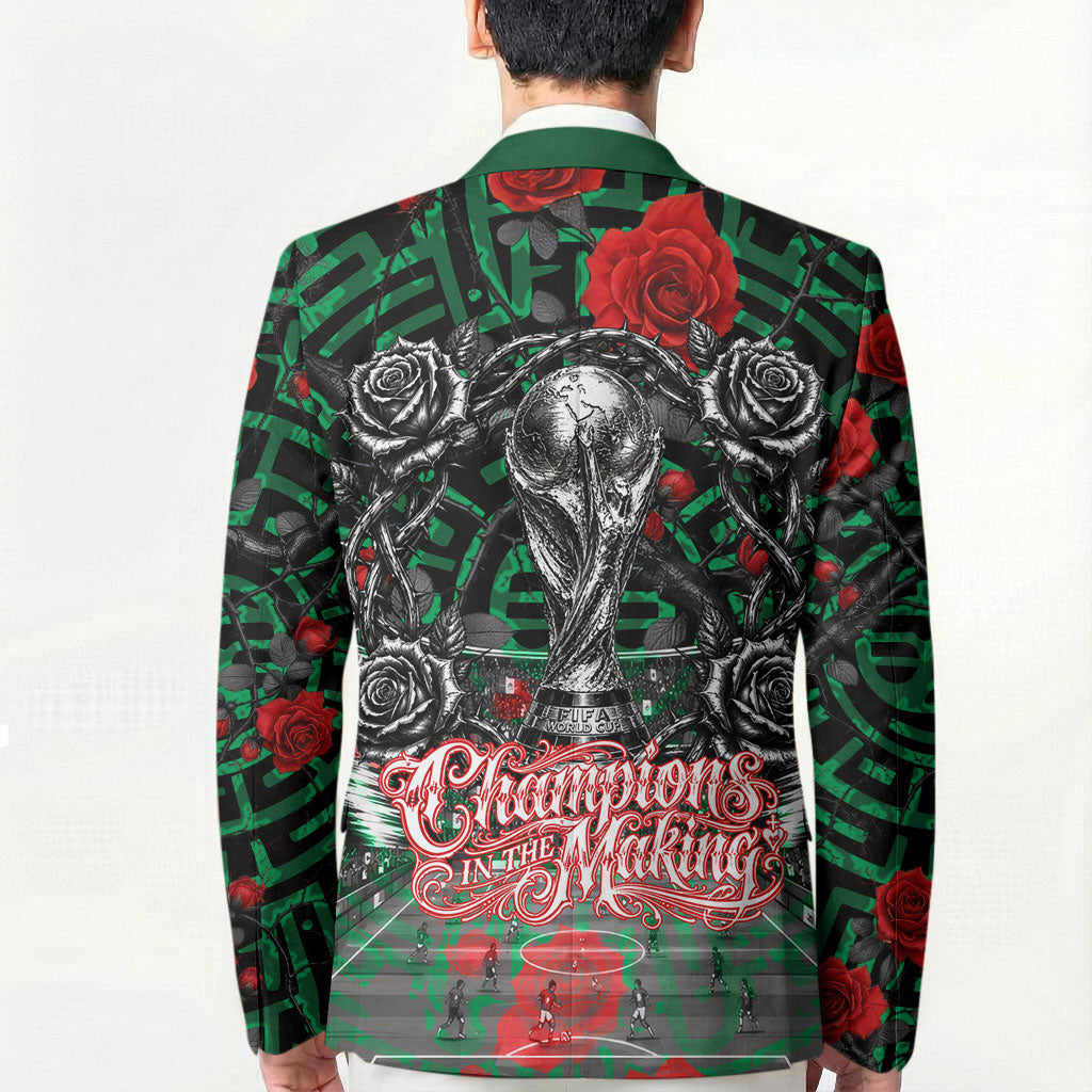 Mexico Football Golden Eagle Champions Blazer Aztec Geometric Pattern Red Rose