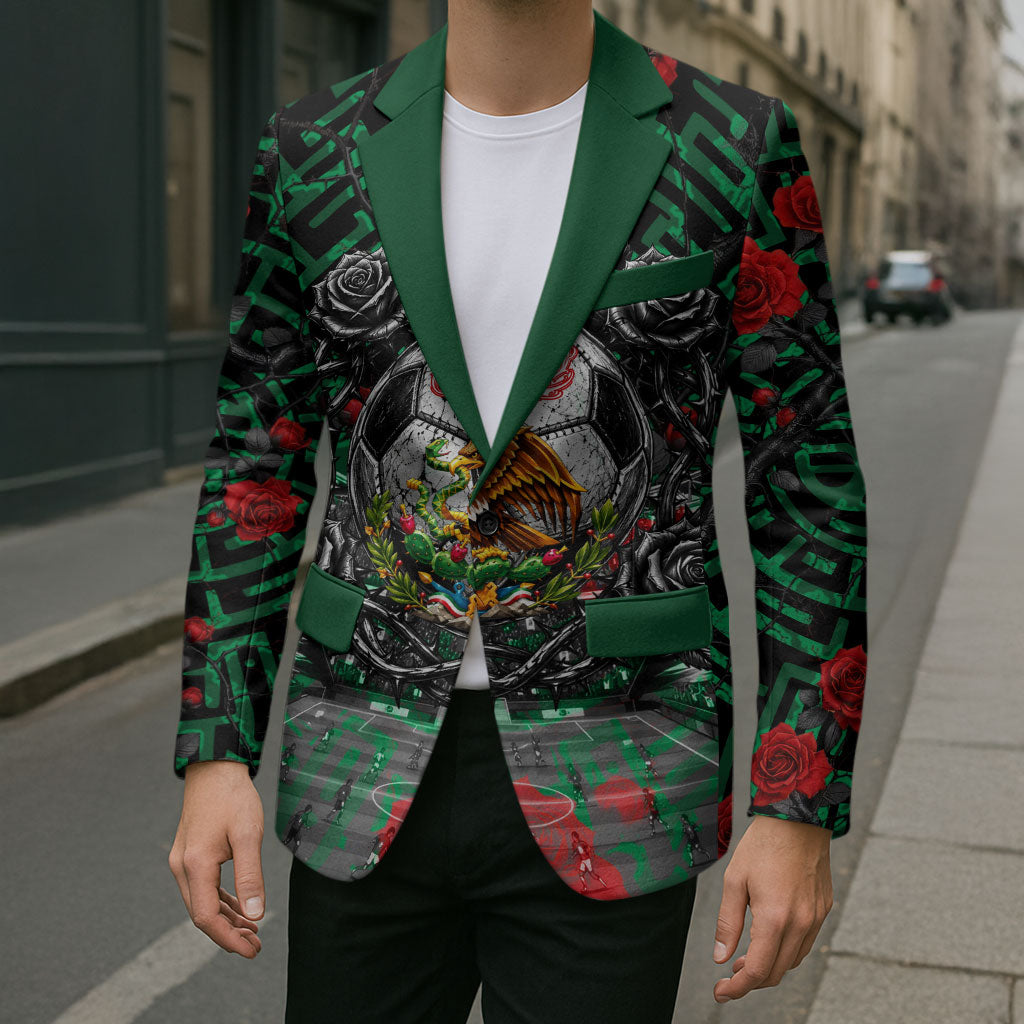Mexico Football Golden Eagle Champions Blazer Aztec Geometric Pattern Red Rose