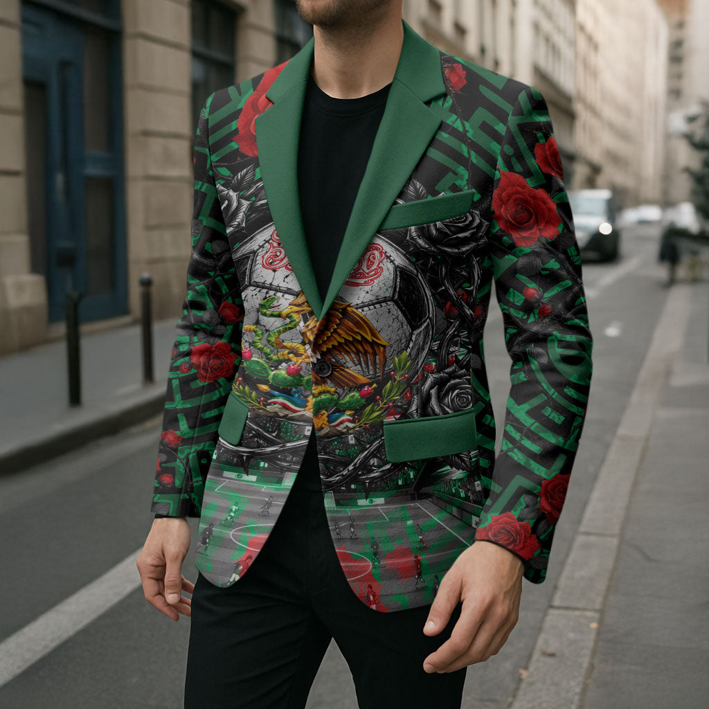 Mexico Football Golden Eagle Champions Blazer Aztec Geometric Pattern Red Rose