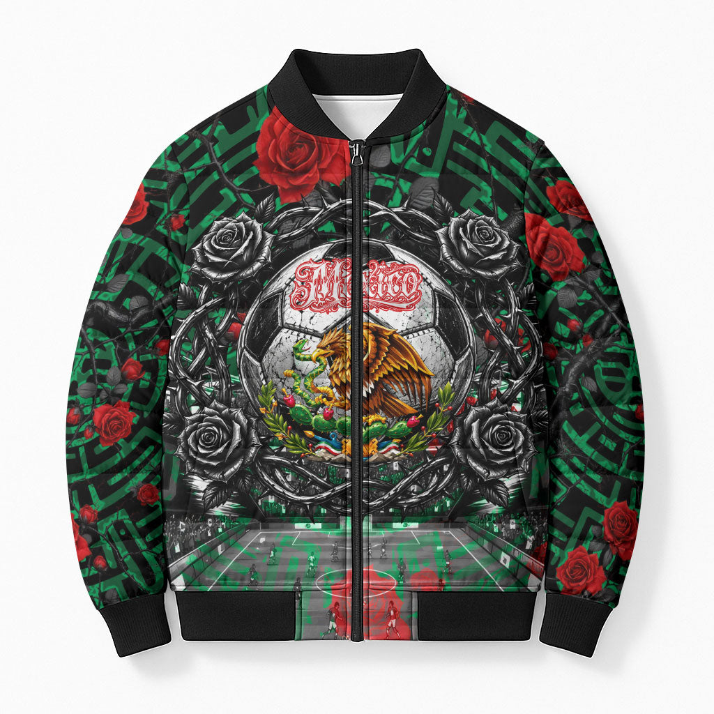 Mexico Football Golden Eagle Champions Bomber Puffer Jacket Aztec Geometric Pattern Red Rose