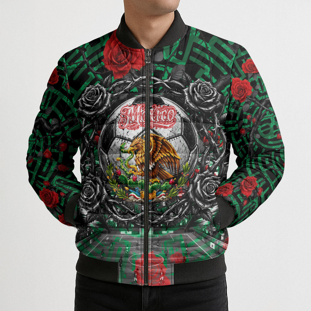 Mexico Football Golden Eagle Champions Bomber Puffer Jacket Aztec Geometric Pattern Red Rose