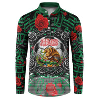 Mexico Football Golden Eagle Champions Button Sweatshirt Aztec Geometric Pattern Red Rose