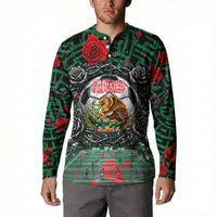 Mexico Football Golden Eagle Champions Button Sweatshirt Aztec Geometric Pattern Red Rose