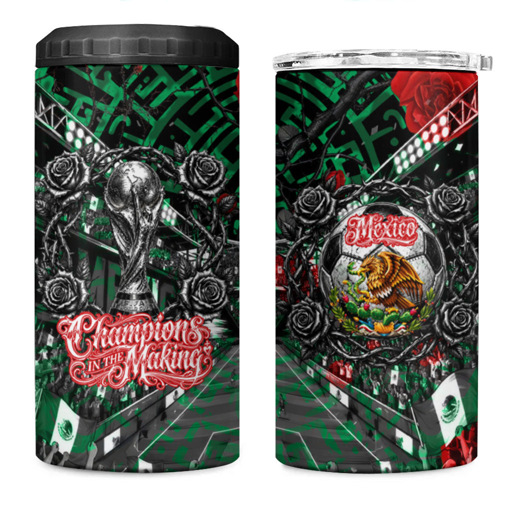 Mexico Football Golden Eagle Champions 4 in 1 Can Cooler Tumbler Aztec Geometric Pattern Red Rose